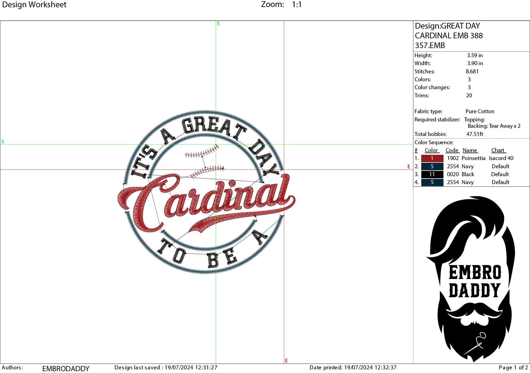 Machine Embroidery files, It's a Great Day To Be A Cardinal, PES, xxx, hus & more, embroidery files