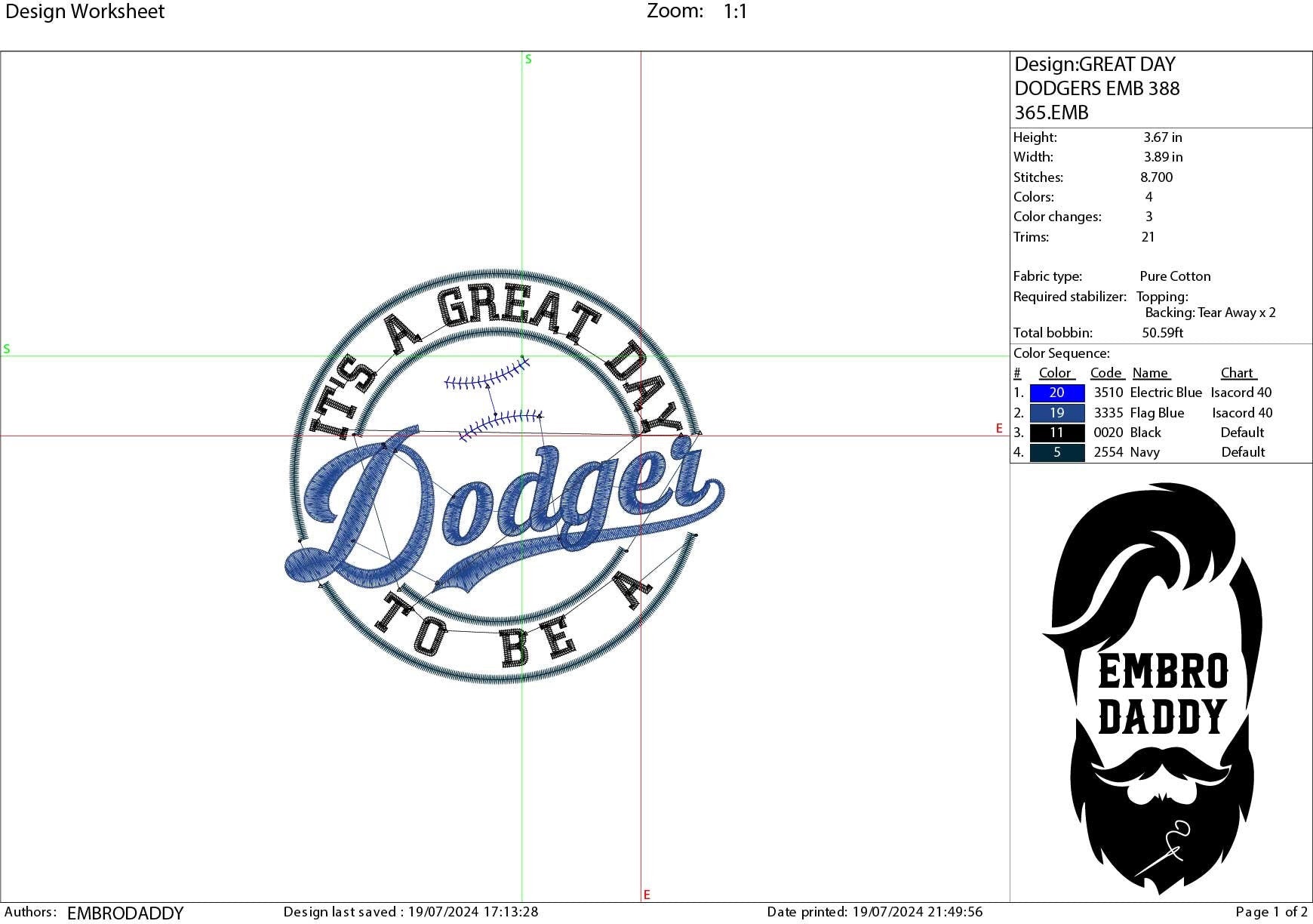 Machine Embroidery files, It's a Great Day To Be A Dodger, PES, xxx, hus & more, embroidery files