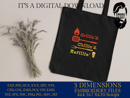 Machine Embroidery files, Grillin', Chillin', Refillin' dst PES, xxx, hus & more
