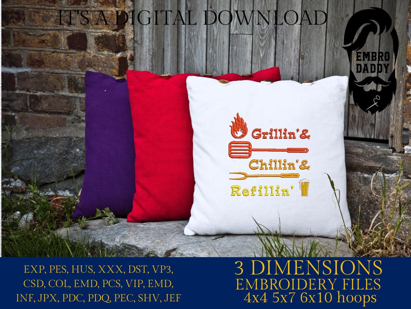 Machine Embroidery files, Grillin', Chillin', Refillin' dst PES, xxx, hus & more