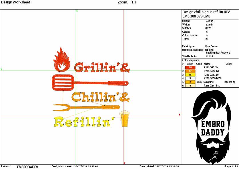 Machine Embroidery files, Grillin', Chillin', Refillin' dst PES, xxx, hus & more