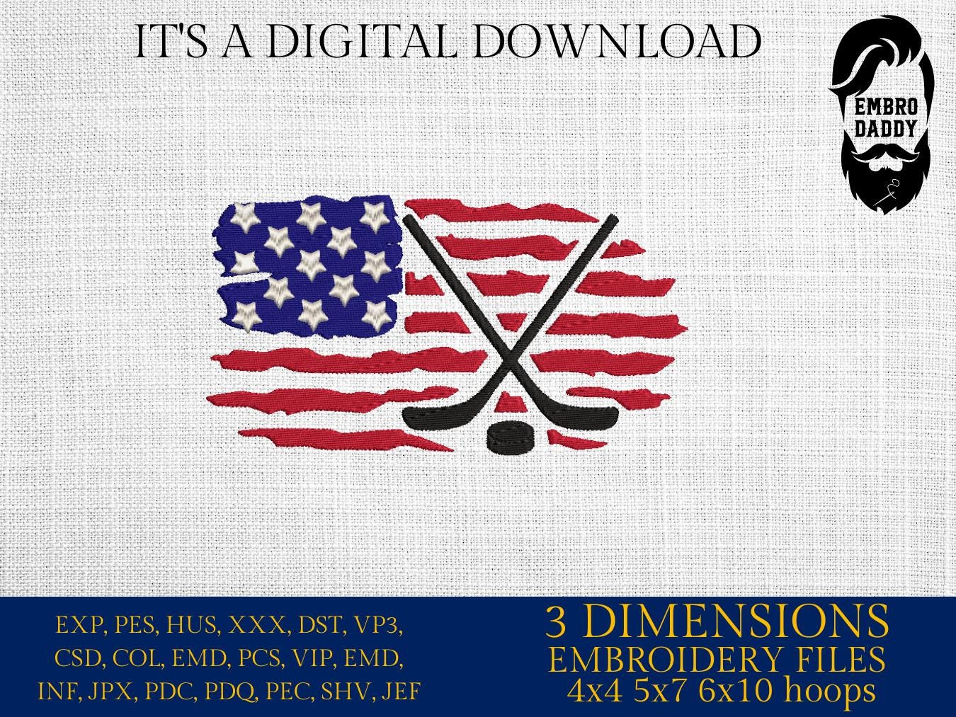 Machine Embroidery files, USA flag, hockey, PES, DST, xxx, hus & more