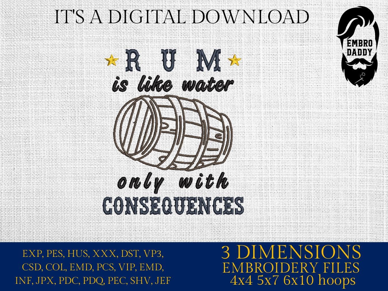 Machine Embroidery files, Rum is like water only with consequences, dst, PES, xxx, hus & more