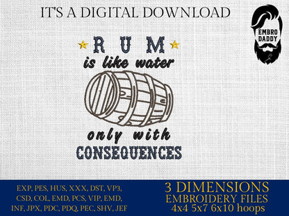 Machine Embroidery files, Rum is like water only with consequences, dst, PES, xxx, hus & more