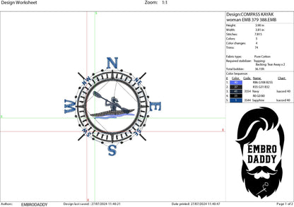 Machine Embroidery files, kayaker woman, Compass, PES, xxx, hus & more