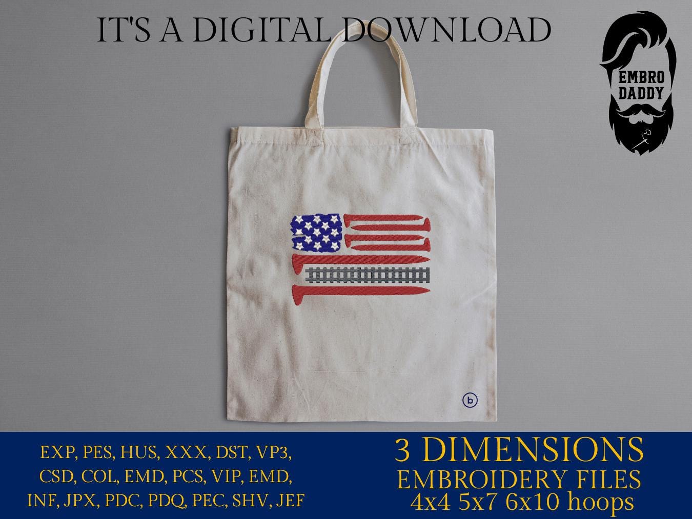 Machine Embroidery files, Railroad American Flag, Railroad, Conductor, Track Spike Train, PES, dst, xxx hus & more