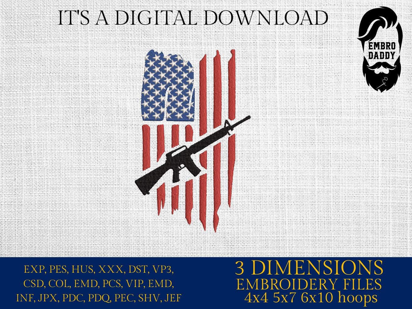 Machine Embroidery files, USA flag rifle, PES, dst, xxx, hus & more