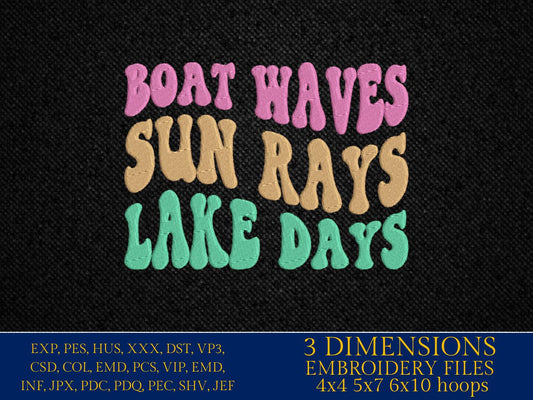 Machine Embroidery files, boat waves, sun rays, lake days, PES, DST, xxx, hus & more