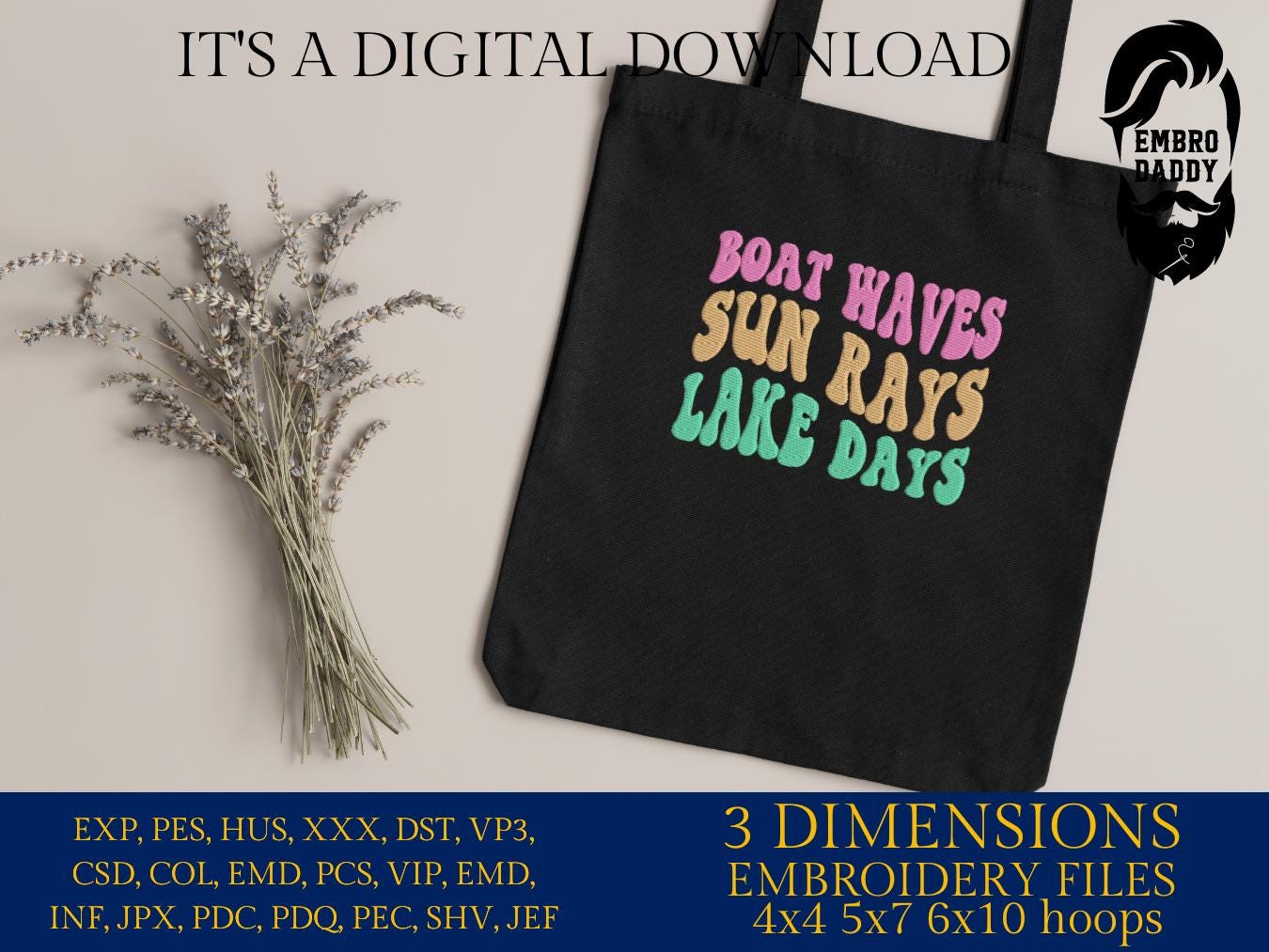 Machine Embroidery files, boat waves, sun rays, lake days, PES, DST, xxx, hus & more