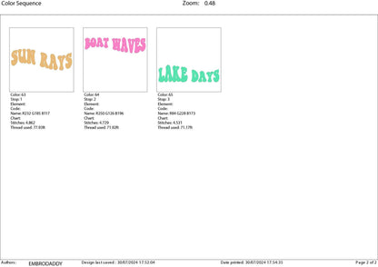 Machine Embroidery files, boat waves, sun rays, lake days, PES, DST, xxx, hus & more