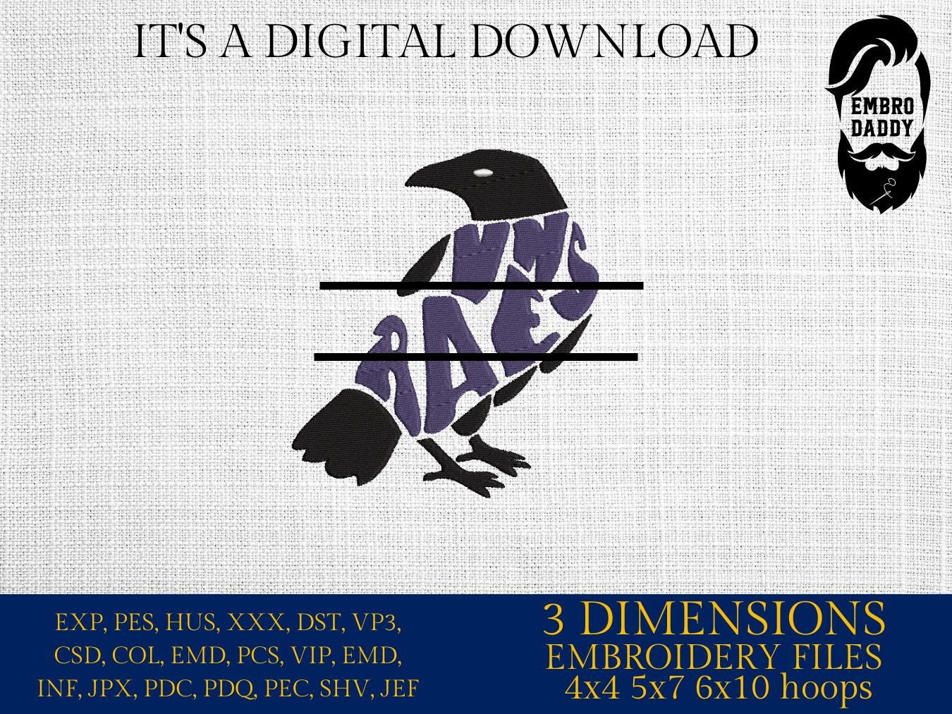 Machine Embroidery, Ravens, embroidery design, football gift idea PES, xxx, hus & more, fan embroidery files