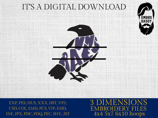 Machine Embroidery, Ravens, embroidery design, football gift idea PES, xxx, hus & more, fan embroidery files