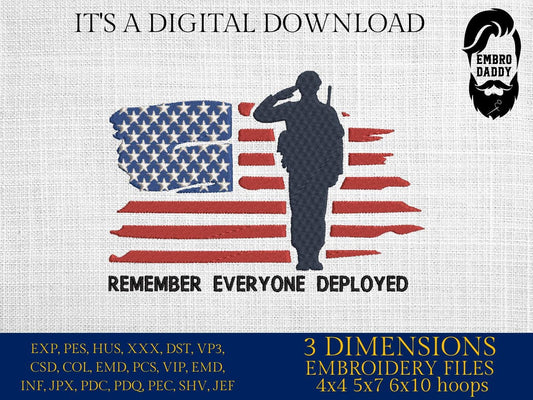 Machine Embroidery files, Remember everyone deployed, American Flag, veteran, PES, dst, xxx hus & more