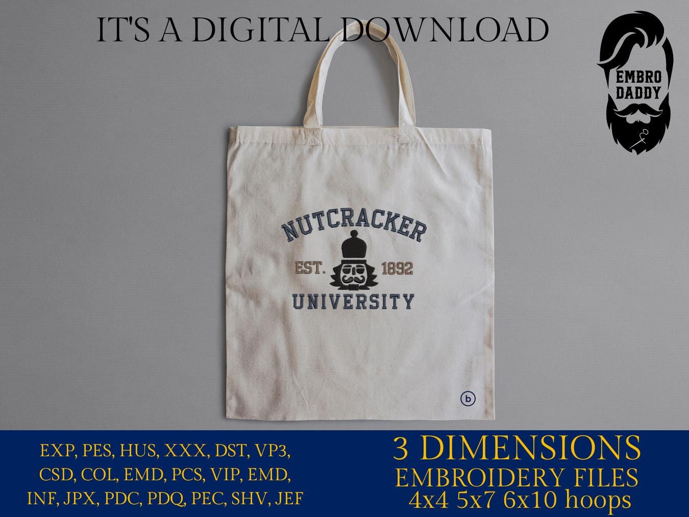 Machine Embroidery files, Nutcracker University, Merry Christmas, Nutcracker Crew, Christmas, Nutcracker Ornament, dst, PES, xxx, hus & more