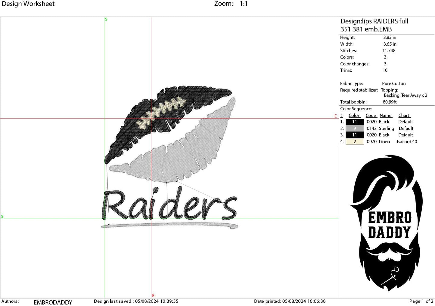 Machine Embroidery, lips Raiders embroidery design, football gift idea PES, xxx, hus & more, fan embroidery files