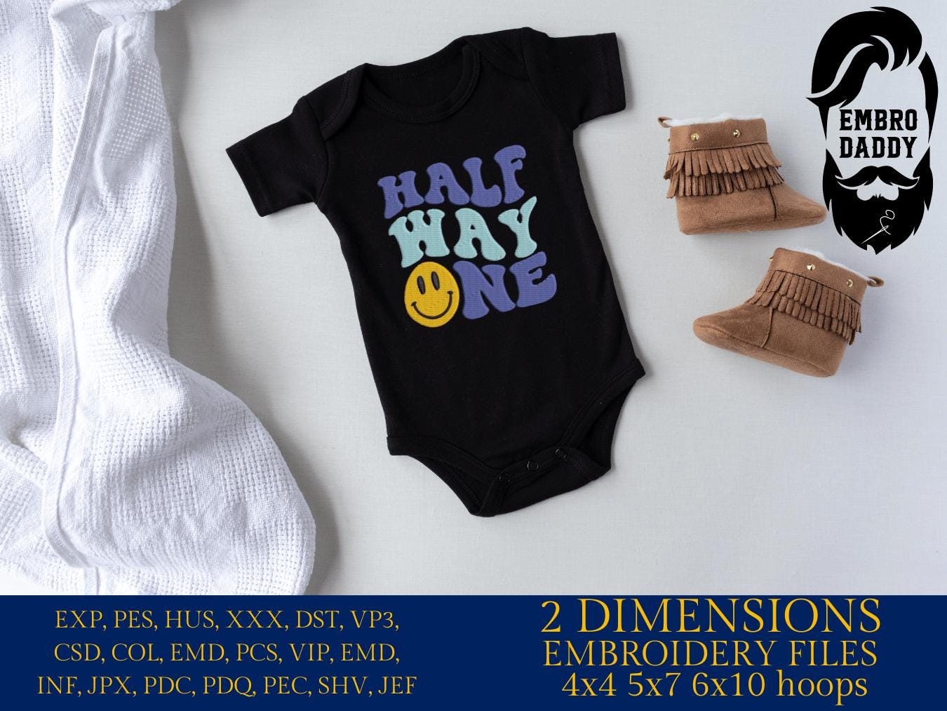 Machine Embroidery files, half way one, 6th month, Retro Wavy Text, Happy Face Trendy, PES, DST, xxx, hus & more