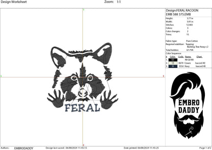 Machine Embroidery files, Feral, Racoon, Animal, PES, xxx, hus & more