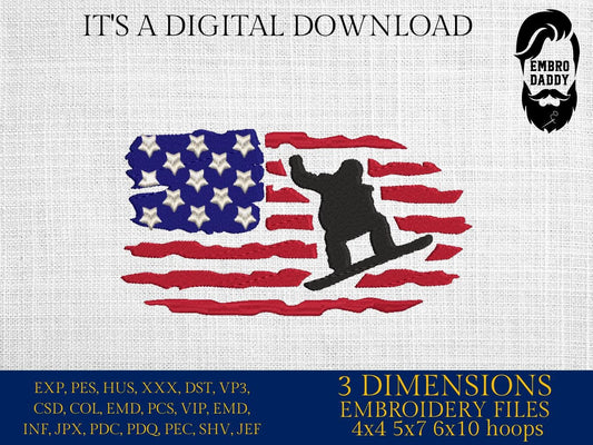 Machine Embroidery files, USA flag, snowboarder, PES, DST, xxx, hus & more