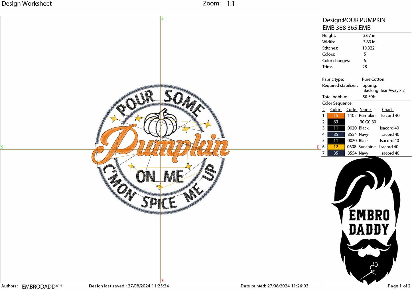 Machine Embroidery files, Pour Some Pumpkin On Me, Fall, Pumkin Season, Funny Halloween PES, DST, xxx, hus & more