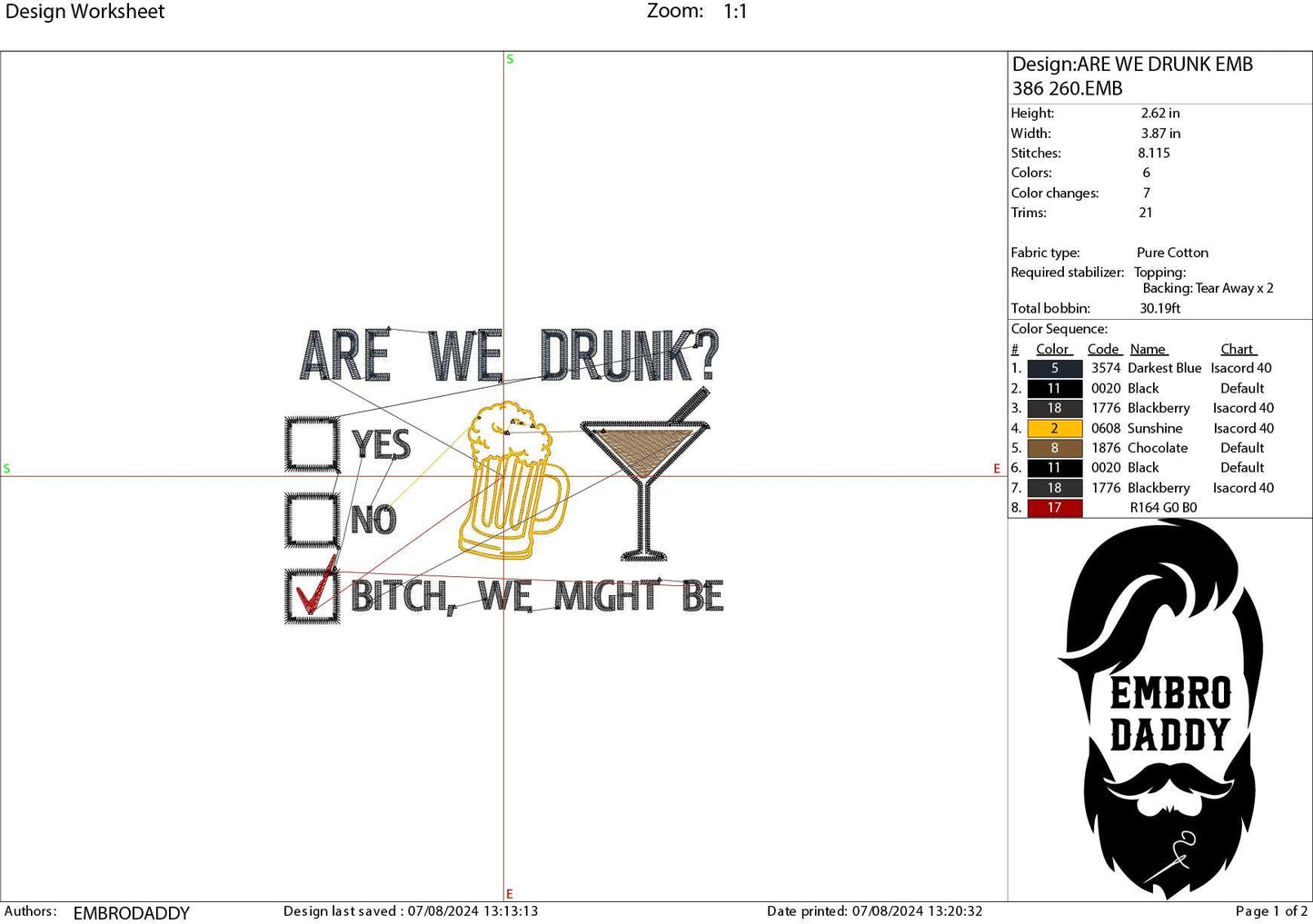 Machine Embroidery files, are we drunk? funny, dst, PES, xxx, hus & more