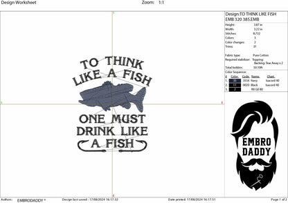 Machine Embroidery files, To think like a fish one must drink like a fish, funny fishing , PES, DST, hus & more