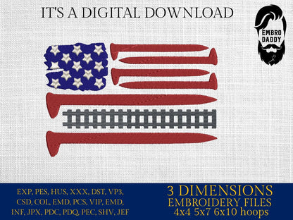 Machine Embroidery files, Railroad American Flag, Railroad, Conductor, Track Spike Train, PES, dst, xxx hus & more