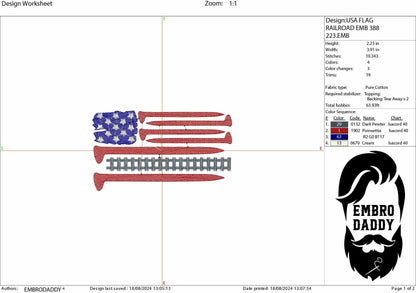 Machine Embroidery files, Railroad American Flag, Railroad, Conductor, Track Spike Train, PES, dst, xxx hus & more