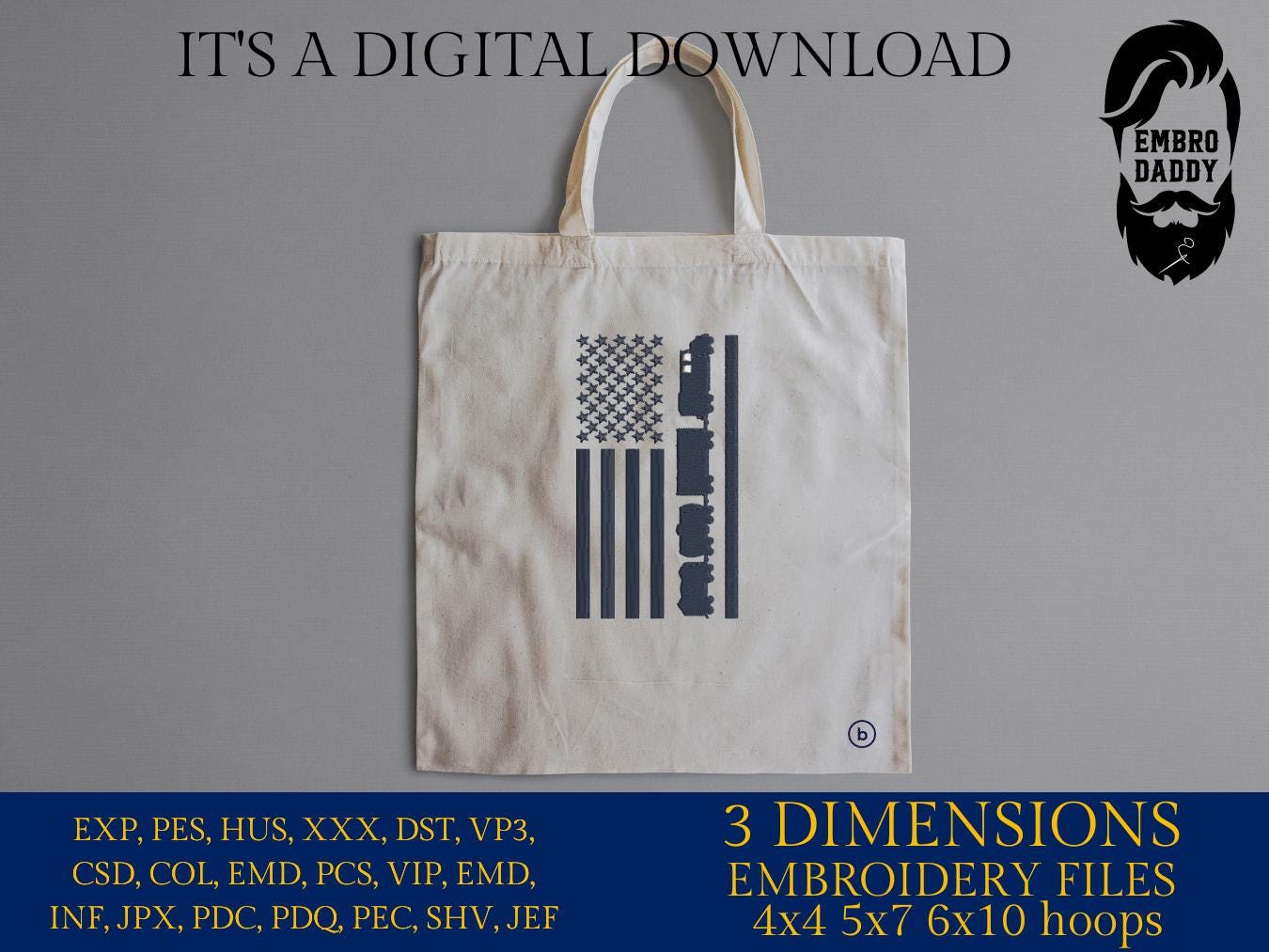 Machine Embroidery files, Train American Flag, Railroad, Conductor, Train, PES, dst, xxx hus & more