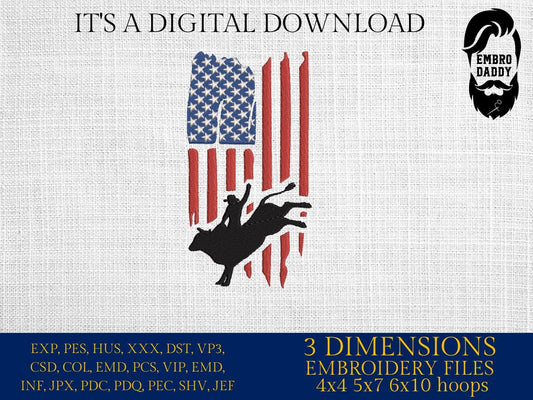 Machine Embroidery files, Bull American Flag, Bull Rider flag, Rodeo, Riding bulls, Cowboy DST, PES, xxx, hus & more