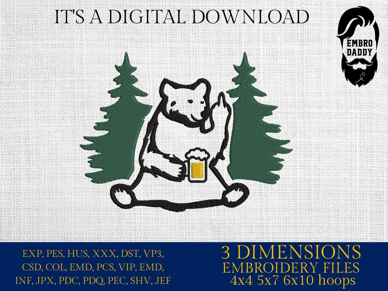 Machine Embroidery files, Bear Drinking Beer, Camping Scene, Wild Life Decor, PES, dst, xxx, hus & more