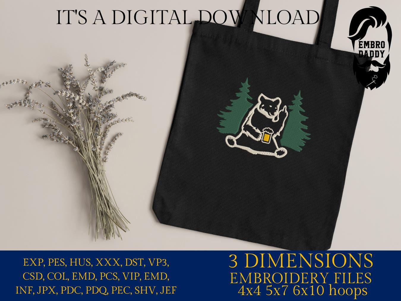 Machine Embroidery files, Bear Drinking Beer, Camping Scene, Wild Life Decor, PES, dst, xxx, hus & more