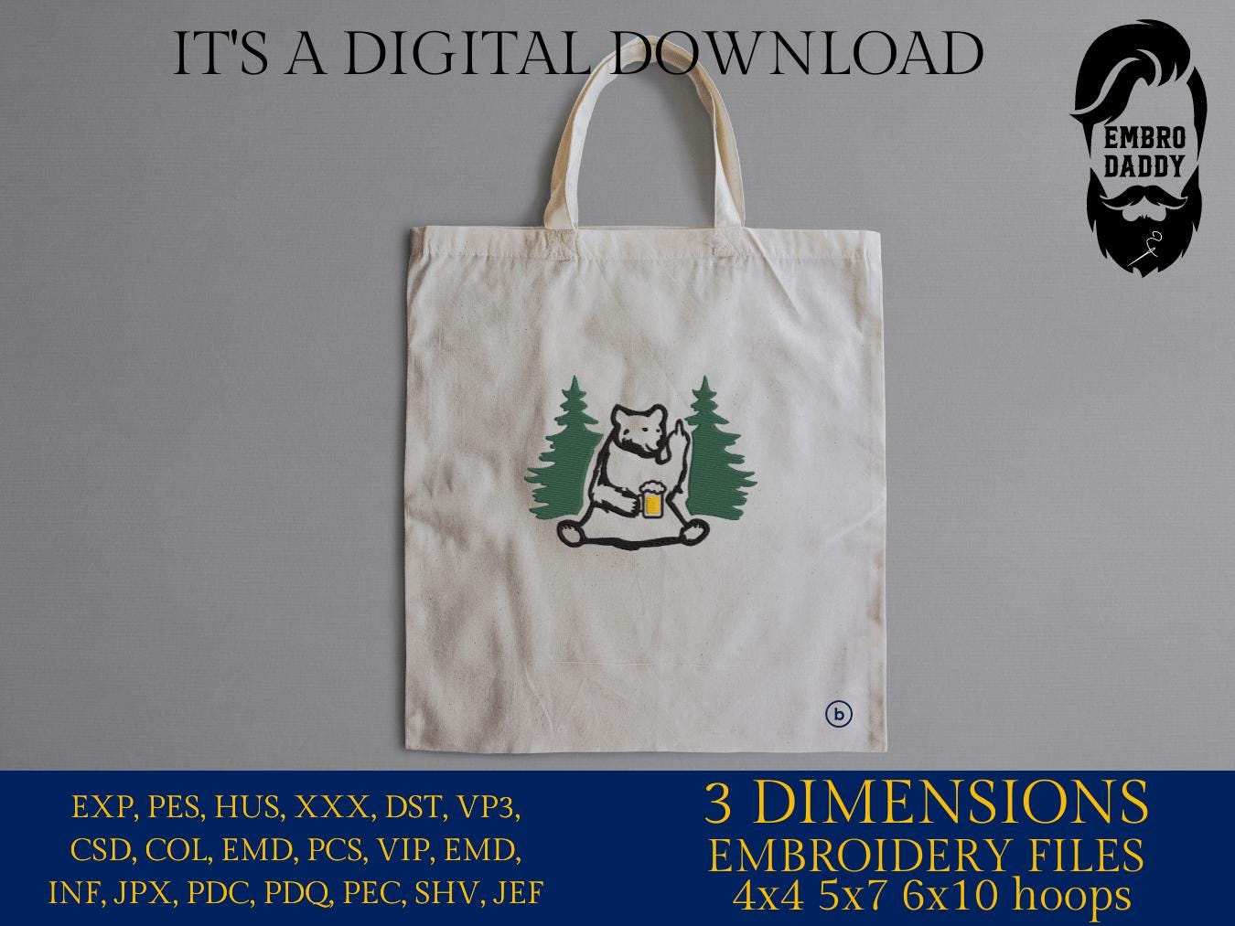 Machine Embroidery files, Bear Drinking Beer, Camping Scene, Wild Life Decor, PES, dst, xxx, hus & more