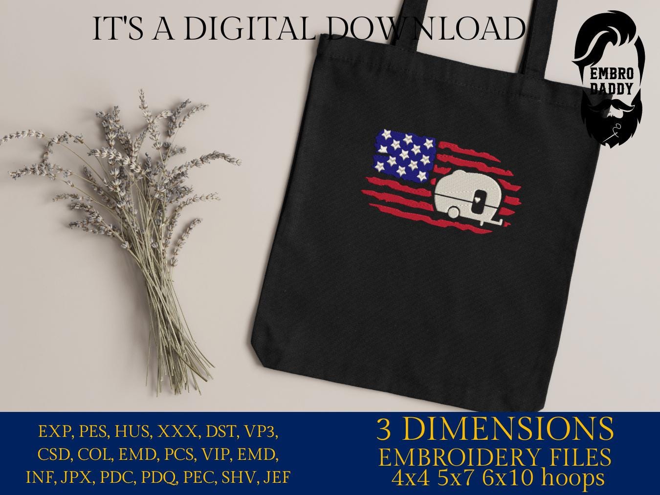 Machine Embroidery files, USA flag, trailer, caravan, PES, DST, xxx, hus & more