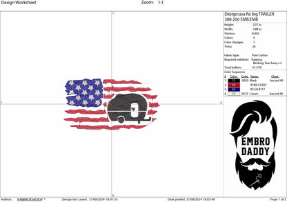 Machine Embroidery files, USA flag, trailer, caravan, PES, DST, xxx, hus & more