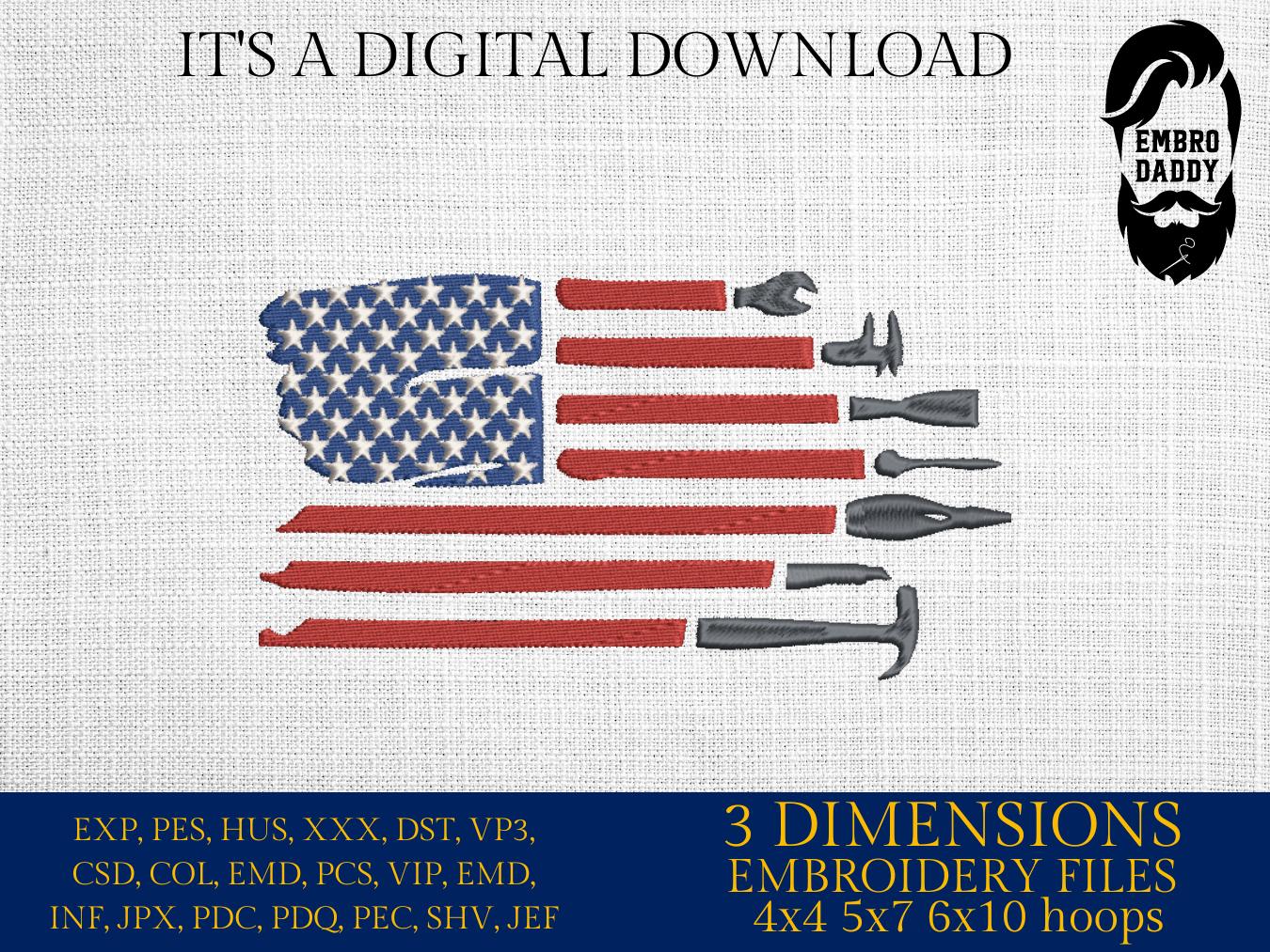 Machine Embroidery files, US Flag Tools, Mechanic Tools, Distressed Flag, Repair Tools, PES, DST, hus & more