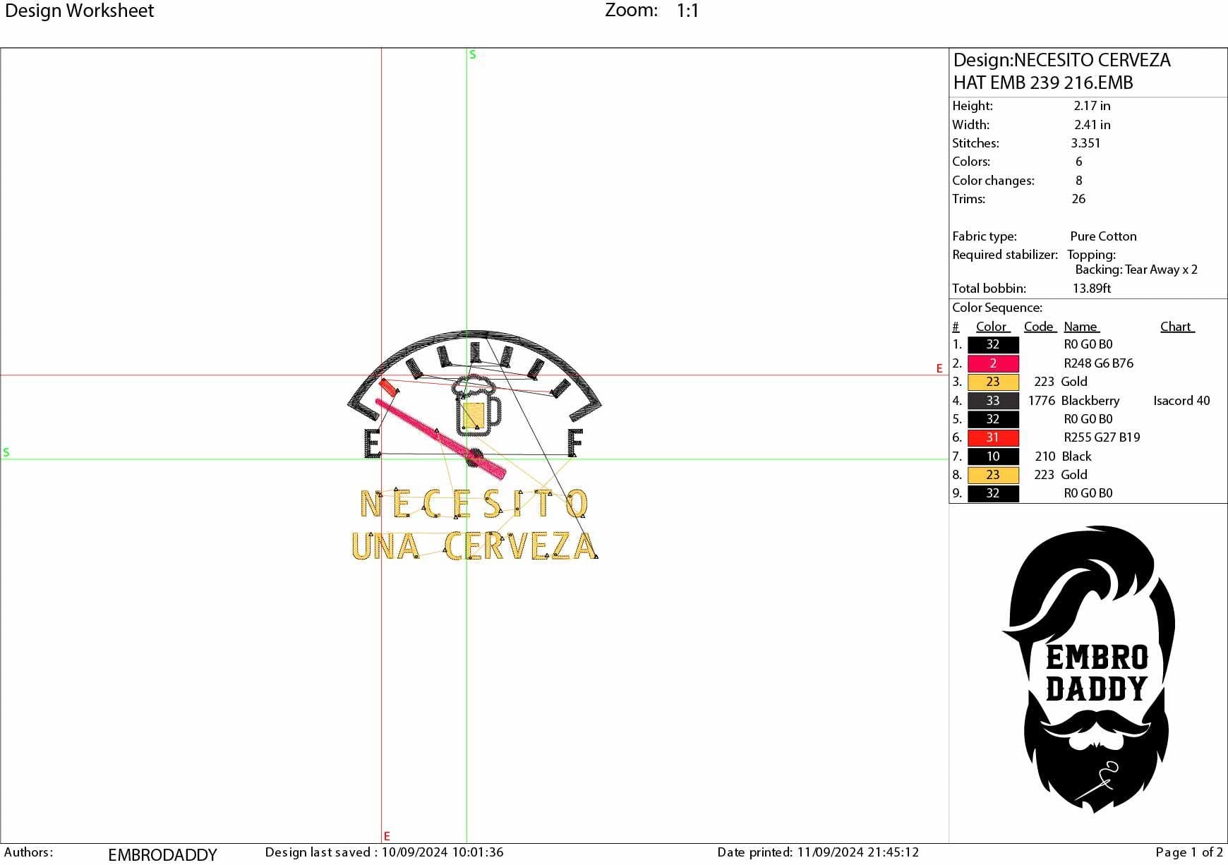 Machine Embroidery files digitized for hats, Necesito una cerveza, I Need Beer, beer, funny, Drinking, funny, PES, xxx hus & more