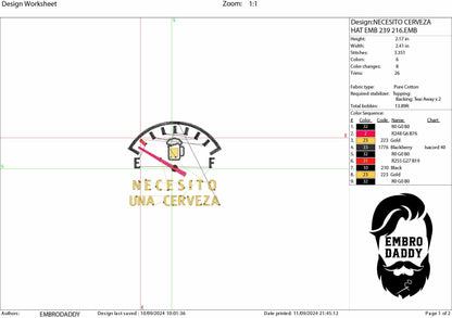 Machine Embroidery files digitized for hats, Necesito una cerveza, I Need Beer, beer, funny, Drinking, funny, PES, xxx hus & more