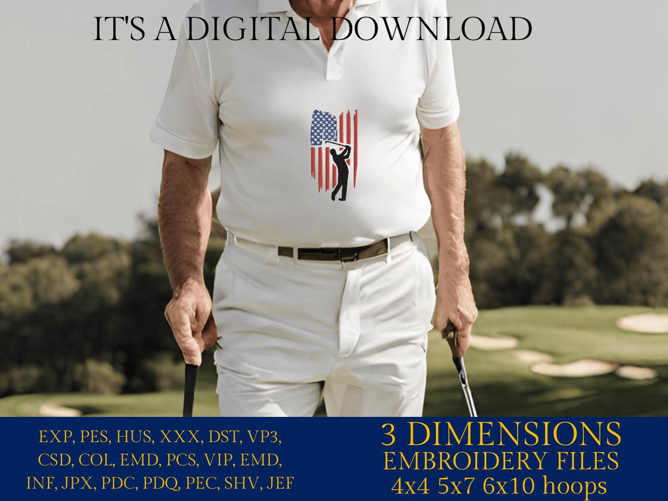 Machine Embroidery files, Golf Usa flag, golfer, PES, DST, hus & more