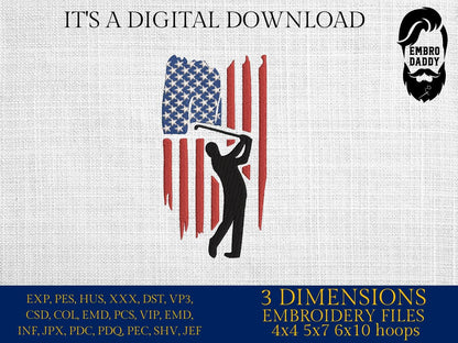 Machine Embroidery files, Golf Usa flag, golfer, PES, DST, hus & more