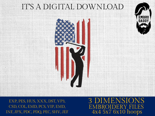Machine Embroidery files, Golf Usa flag, golfer, PES, DST, hus & more