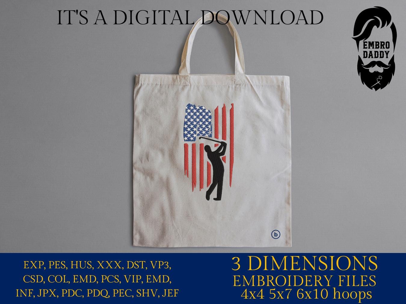 Machine Embroidery files, Golf Usa flag, golfer, PES, DST, hus & more