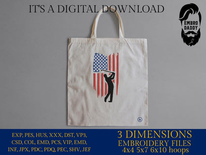 Machine Embroidery files, Golf Usa flag, golfer, PES, DST, hus & more