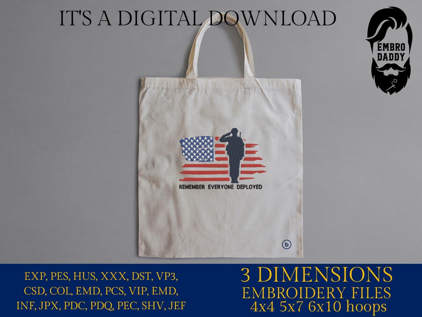 Machine Embroidery files, Remember everyone deployed, American Flag, veteran, PES, dst, xxx hus & more