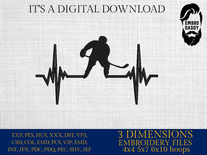 Machine Embroidery files, Hockey, heartbeat, Heart beat, EKG, hockey player, dst, PES, xxx, hus & more
