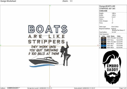 Machine Embroidery files, Boats Are Like Strippers They Work Until You Quit, funny, PES, xxx, hus & more, embroidery files