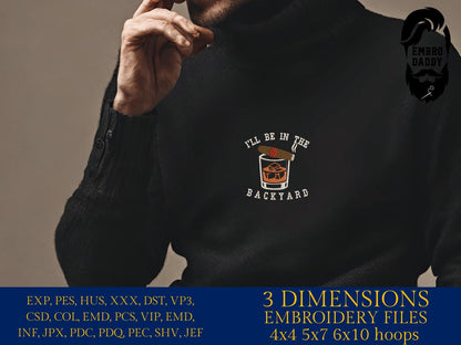 Machine Embroidery files, I'll be in the backyard, Funny Cigar aficionado, Smoker, Smoke, Stogie, DST, PES, xxx, hus, dst & more