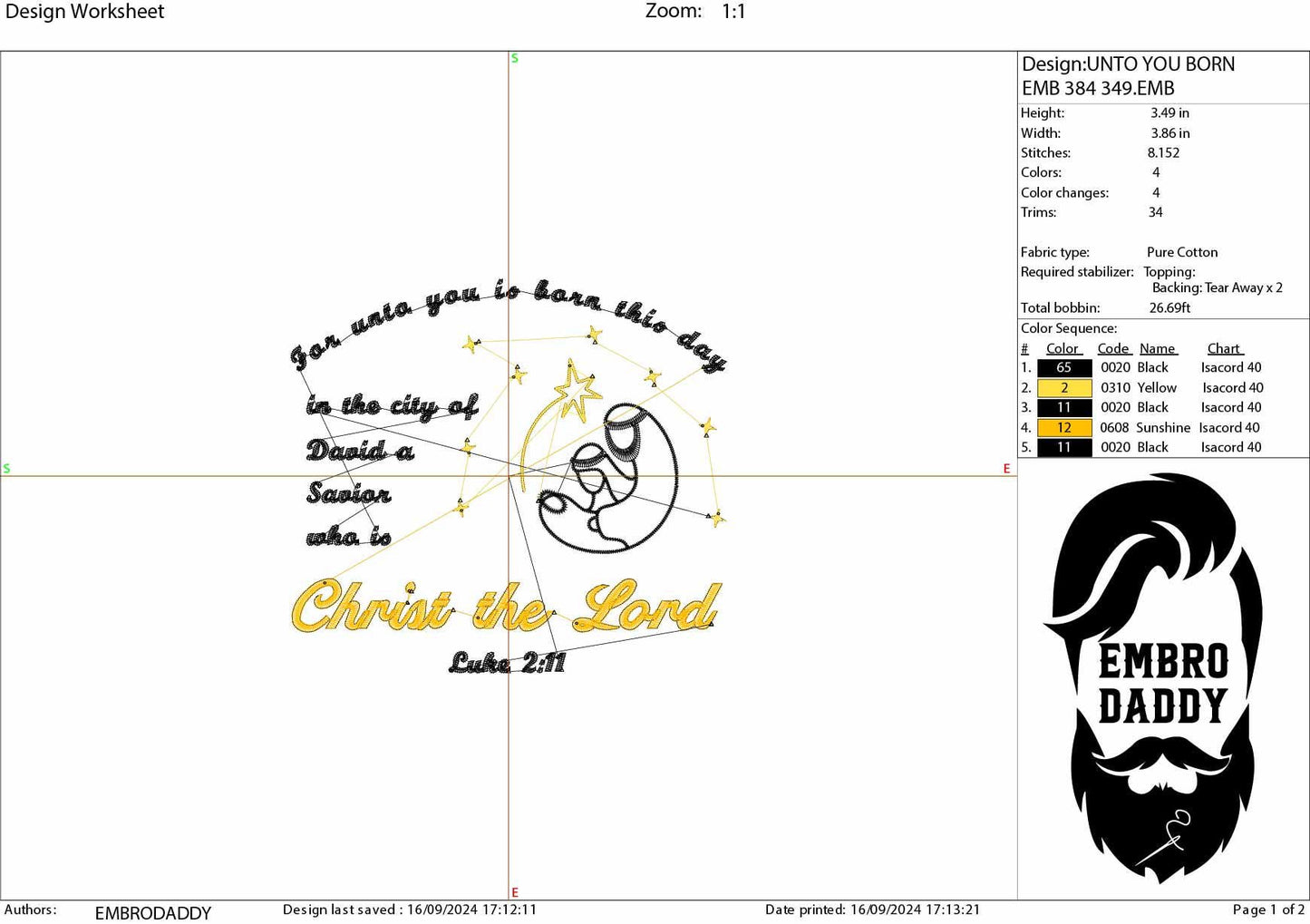 Machine Embroidery files, for unto you is born this day, PES, DST, xxx, hus and more