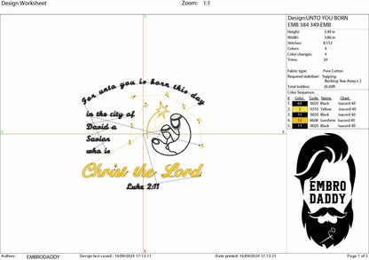 Machine Embroidery files, for unto you is born this day, PES, DST, xxx, hus and more