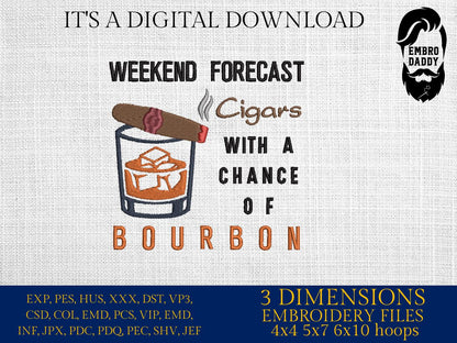 Machine Embroidery files, weekend forecast, Funny Cigar aficionado, Smoker, Smoke, Stogie, DST, PES, xxx, hus, dst & more