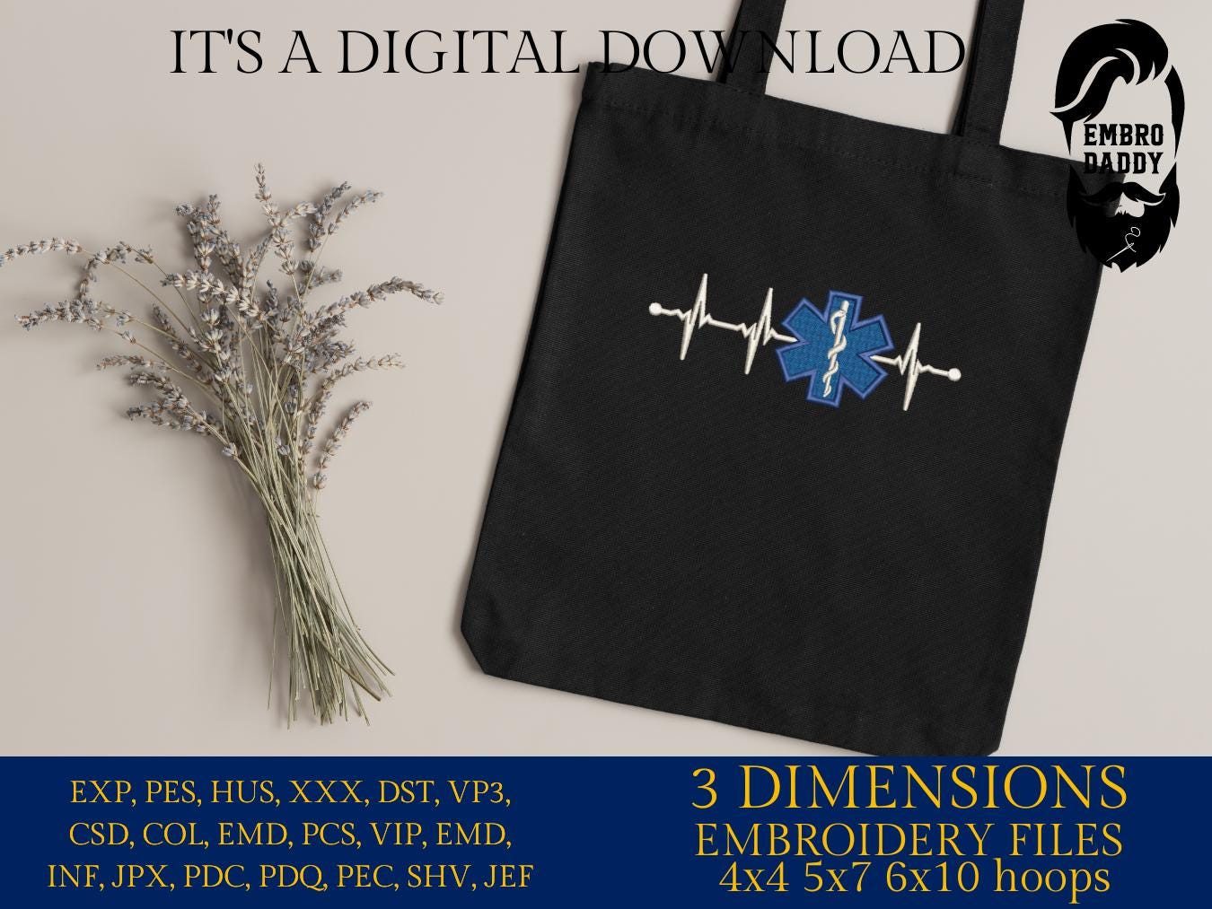 Machine Embroidery files, Heartbeat Pulse EMT Paramedic, Heart beat, EKG, dst, PES, xxx, hus & more